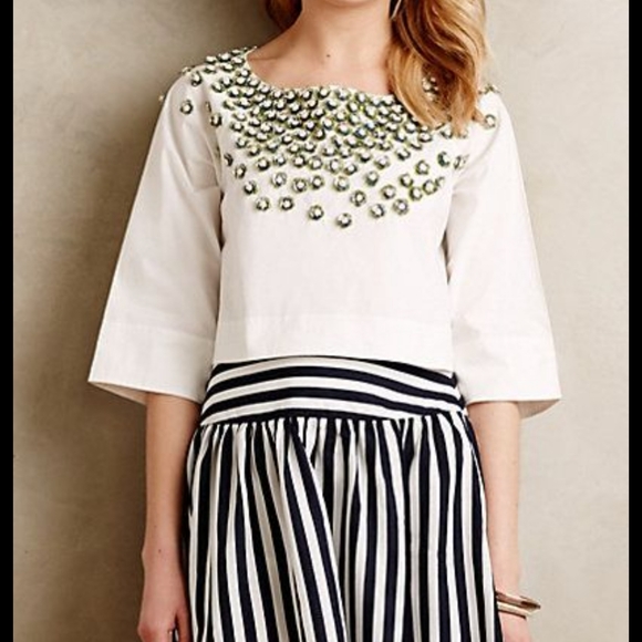 SOLD - New Anthropologie, Not So Serious, poplin beaded top, LARGE - Picture 1 of 9